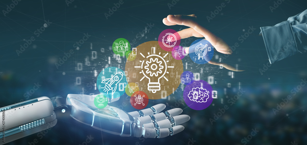 Poster cyborg hand holding a cloud of colorfull start up icon bubble with data binary 3d rendering