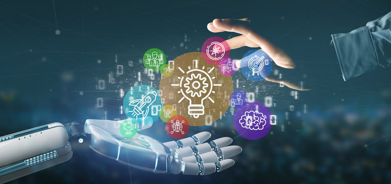 Cyborg hand holding a Cloud of colorfull start up icon bubble with data binary 3d rendering