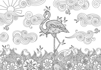 Coloring page with doodle style flamingo in the river.