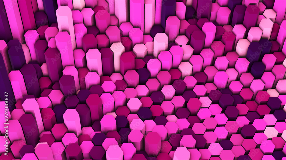 Poster 3d render abstract colorful many technical geometric hexagons as a wave white and pink background. l