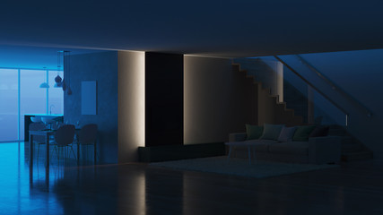 Modern house interior. Night. Evening lighting. 3D rendering.
