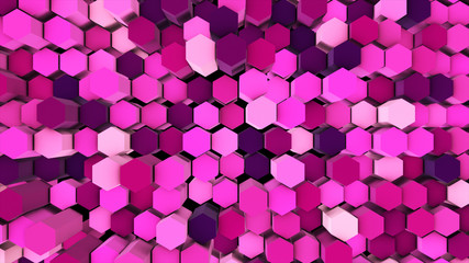 3d render abstract colorful many technical geometric hexagons as a wave white and pink background. lights ray shine glow beam