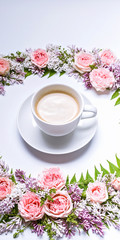 Vertical web banner. Frame of flowers: rose, lilac, rowan leaves and cup coffee on a white background. Floral pattern.