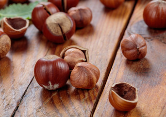 hazelnuts close up on wooden table
