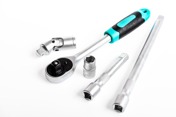 Set of tools isolated on white background. multi purpose tool kit. Chrome Vanadium Steel. metallized fix equipment. socket wrench isolated on white background. Iron tool set. Your reliable car doctor