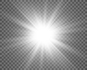 White beautiful light explodes with a transparent explosion. Vector, bright illustration for perfect effect with sparkles. Bright Star. Transparent shine of the gloss gradient, bright flash. - obrazy, fototapety, plakaty