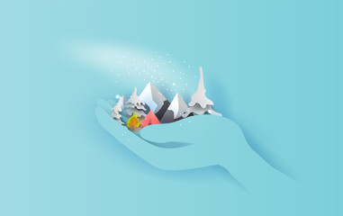 illustration of Travel holiday tent camping trip winter. human's hand concept.Graphic for snowfall season paper cut and craft style.Creative design idea for Christmas day,poster,card, vector.EPS10.