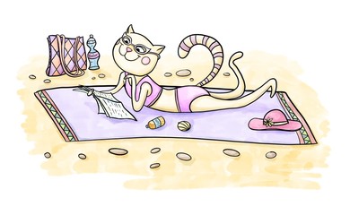 Happy cartoon lady cat having rest and reading magazine on a beach in a sunny summer day. Raster graphics. Isolated on a white background.