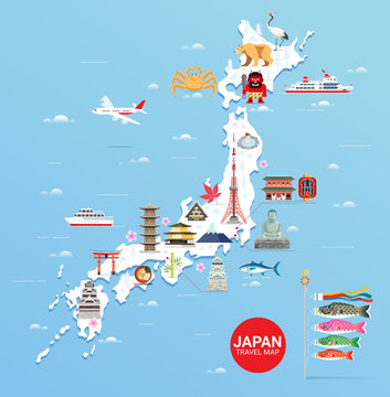 Japan famous landmarks travel map with tokyo tower, fuji mountain, shrine, castle, great buddha, temple, ferris wheel, sakura blossom, and flying fish flags colorful flat style background.
