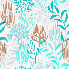 Ocean corals seamless pattern., Ocean depth undersea bottom coral reef flourish.