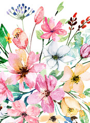 Floral background with watercolor flowers, bright summer design, hand painting. 