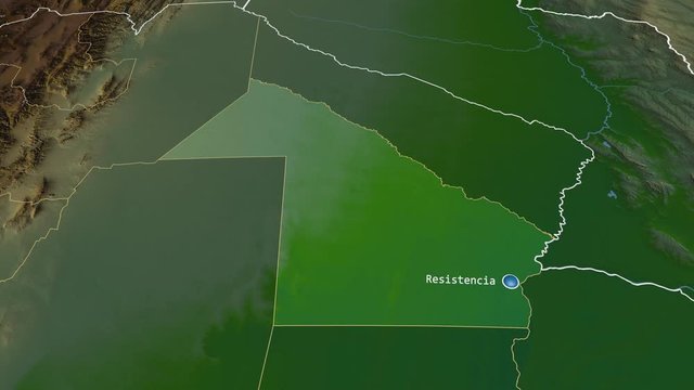 Chaco - province of Argentina zoomed on the physical map of the globe. Animation 3D