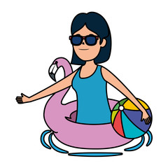 happy young girl with flemish float and balloon beach toy