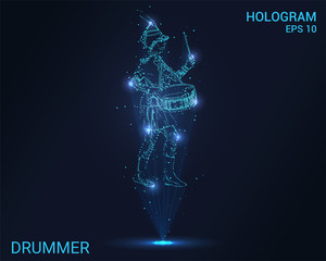 Hologram drummer. A holographic projection of the school orchestra. Flickering energy flux of particles. Scientific music design.