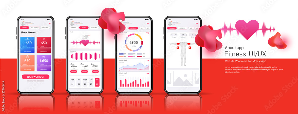 Poster different ui, ux, gui screens mobile fitness app and flat web icons. menu, dashboard, data analysis,