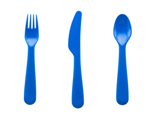 set of blue plastic spoon, fork and knife isolated on white background