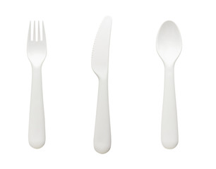 set of white plastic spoon, fork and knife isolated on white background