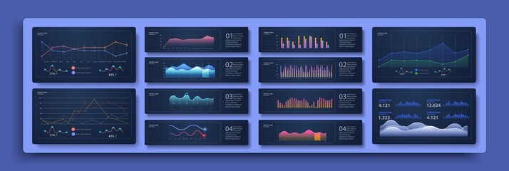 Modern infographic template with statistics graphs. Set of different graphs and charts. Infographics and diagnostics, charts and schemes vector. Business charts and graphs elements. Vector