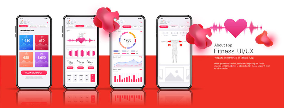 Different UI, UX, GUI screens mobile  fitness app  and flat web icons. Menu, dashboard, data analysis, selection of training program, view results. App for fitness. Concept interface design of apps.