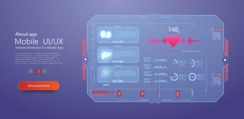 HUD UI for medical app. Futuristic user interface HUD and Infographic elements. Abstract virtual graphic touch user interface. Medical health care, human organs, virtual body hi tech diagnostic panel.