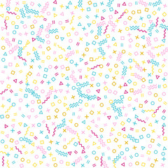 Mix 80s style bauhaus pink cyan gold party confetti flying on white.