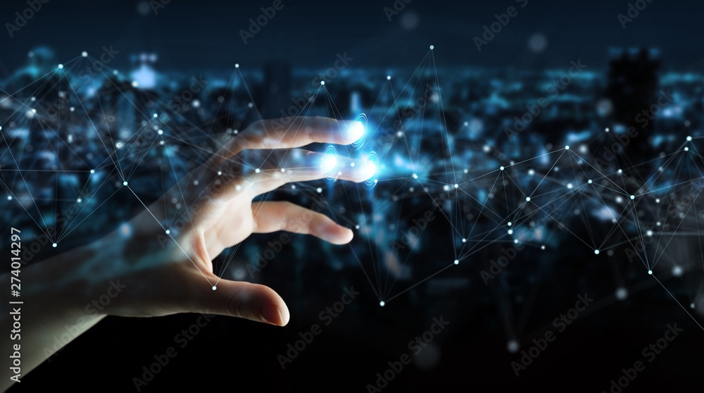 Fototapete businessman using floating digital network connections with dots and lines 3d rendering