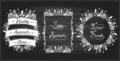 Vegetable frames set on a chalkboard, veggie elements, vintage style