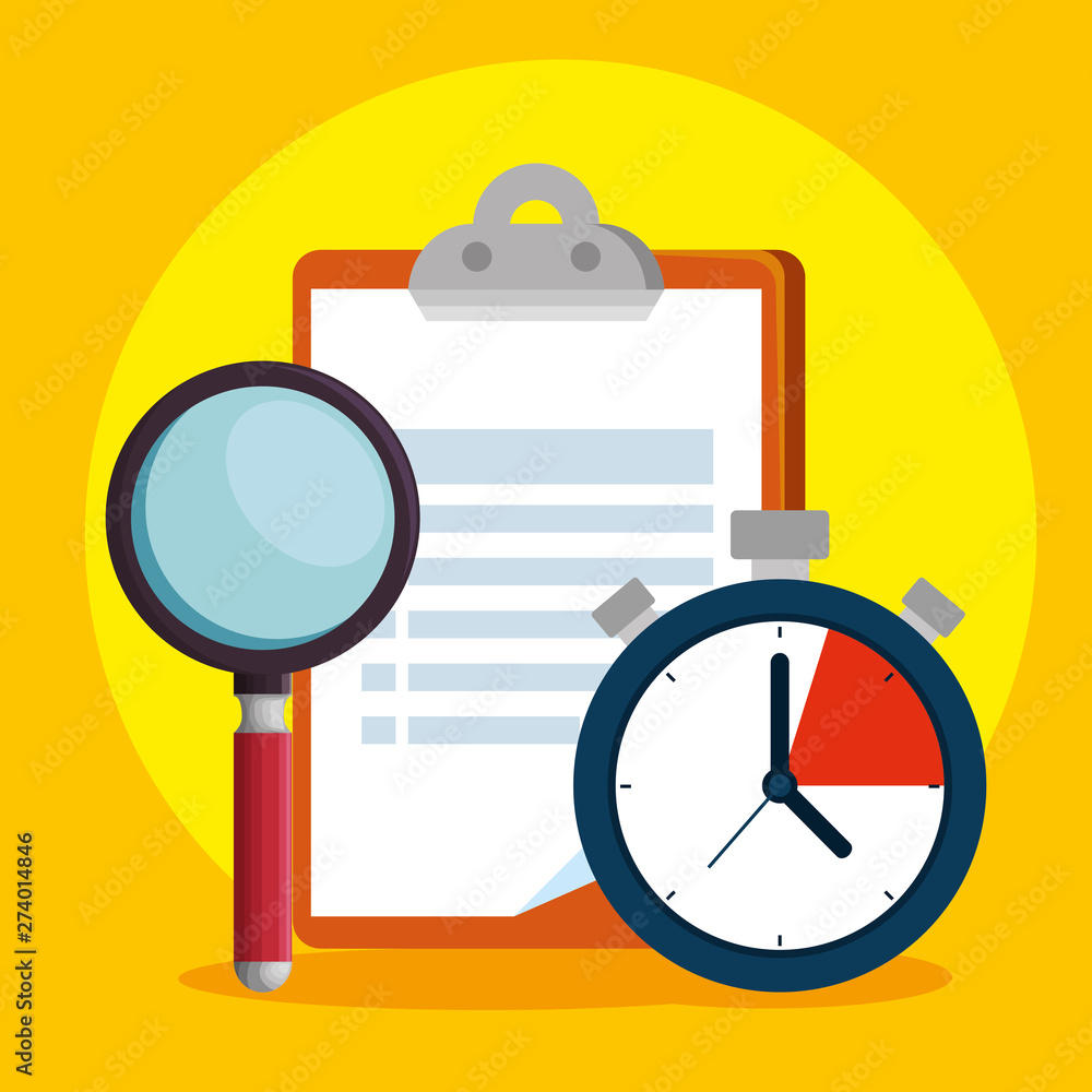Poster check list with magnifying glass and chronometer