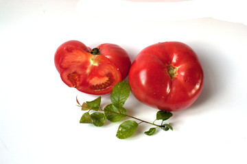 red cut-up tomatoes with green leaf on white background