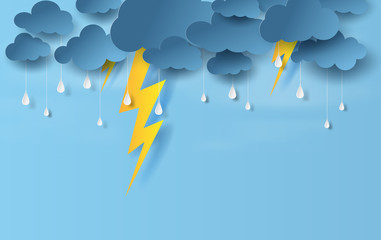 illustration of landscape view with black cloud and yellow lighting on blue sky.Rainy season in sea with storm lightning,Creative design paper art and craft style. vector poster,web-site with print