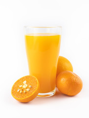 still life photo of orange juice, orange smoothie in glass on white background.