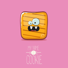 vector funny cookie character isolated on pink background. My name is cookie concept illustration. funky food character or bakery label mascot