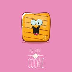 vector funny cookie character isolated on pink background. My name is cookie concept illustration. funky food character or bakery label mascot
