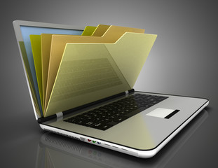 File in database - laptop and folders.3d illustration