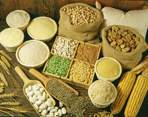 Legumes, cereals and flours still life.