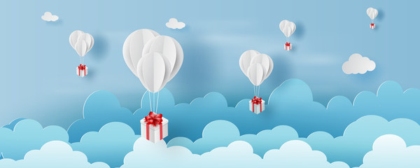 3D paper art and craft style of balloon white  floating and Gift Box on in the air blue sky.Your text space background vector.Festival decorations for card concept.Christmas,vector.illustration.EPS10
