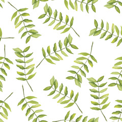 Watercolor seamless pattern of green leaves. Perfect for packaging, office products, textile.