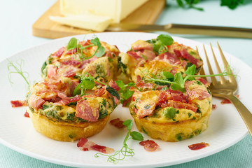 Egg muffin baked with bacon, ketogenic keto diet, pastel modern closeup