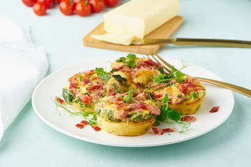 Egg muffin baked with bacon and tomato, ketogenic keto diet, pastel modern closeup