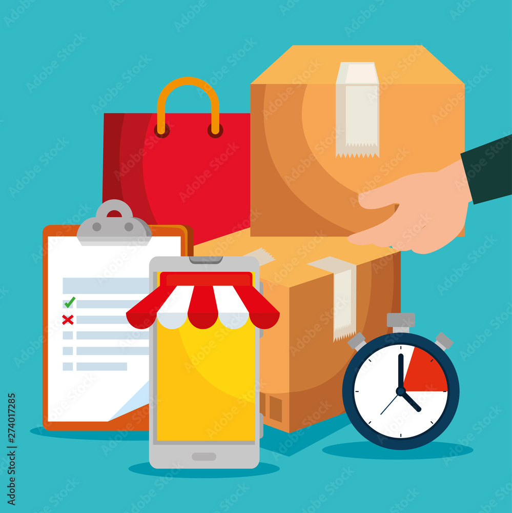 Poster man hand with box and check list with chronometer