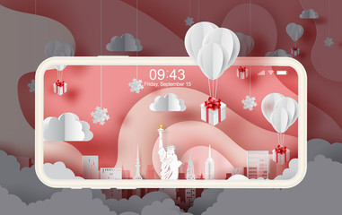 Paper art of white balloons gift floating on Abstract Curve shape pink sky background,Christmas seasontime.Smartphone concept for card and poster. New York city. USA. vector. illustration. EPS10