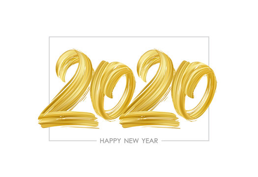 Hand drawn brush stroke golden paint lettering of 2020. Happy New Year