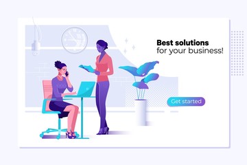 Vector web page design template - business solutions, consulting, marketing, support concept.Two confident and successful colleagues working in office