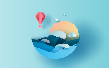 Illustration of travel in holiday summer season circle concept. Graphic design balloon paper cut style. Vacation summertime idea pastel color background,Sea wave view landscape sunlight. Vector EPS10