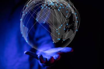 touching global network and data exchanges over the world 3D rendering