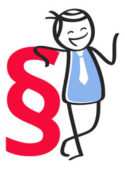 Stick man lawyer leaning against big section sign
