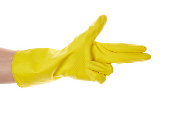 yellow glove for cleaning  isolated on white background. Detergents for home. Cleaning products.