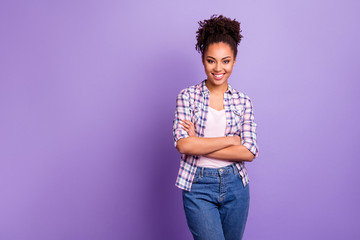 Portrait of her she nice-looking charming cute lovable pretty winsome attractive lovely cheerful cheery wavy-haired girl in checked shirt isolated over violet purple pastel background