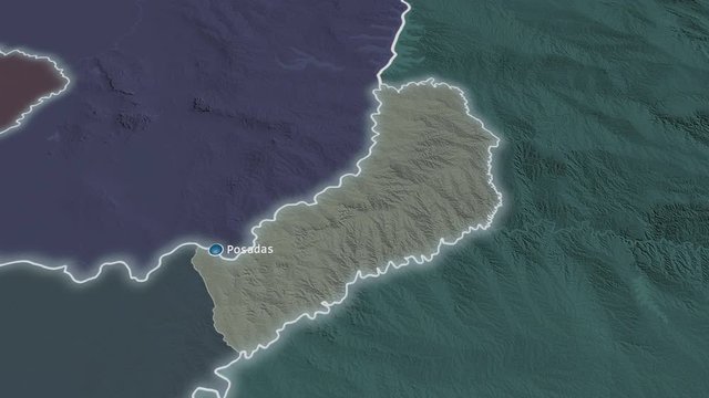 Misiones - province of Argentina zoomed on the physical map of the globe. Animation 3D