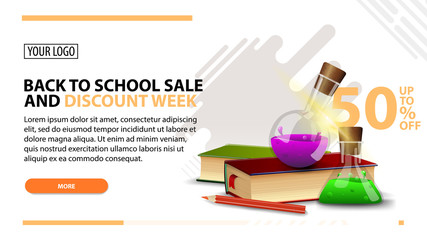 Back to school sale and discount week, white web banner in modern style for your website with books and chemical flasks